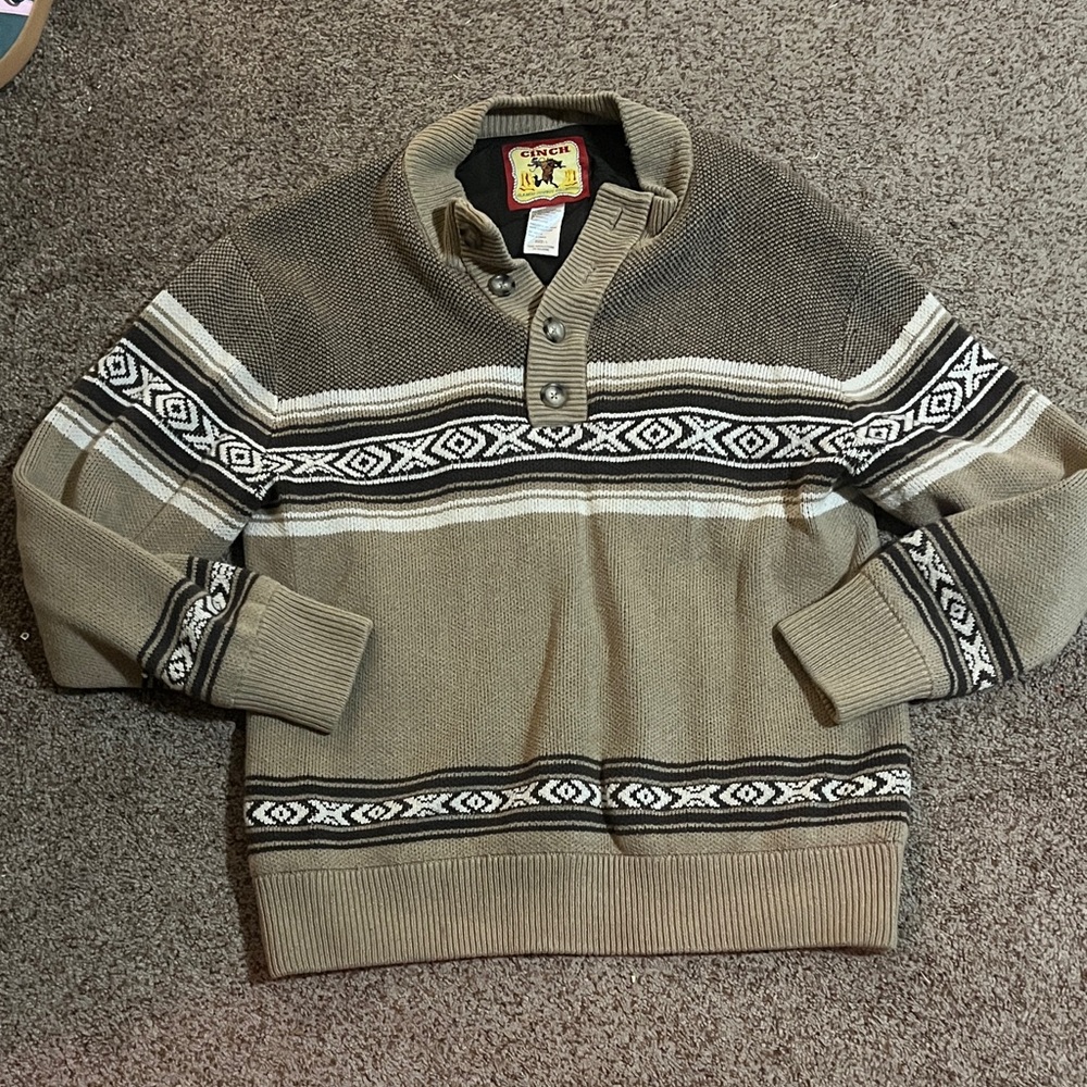Cinch Men's Brown and Cream Patterned Crewneck Sweater